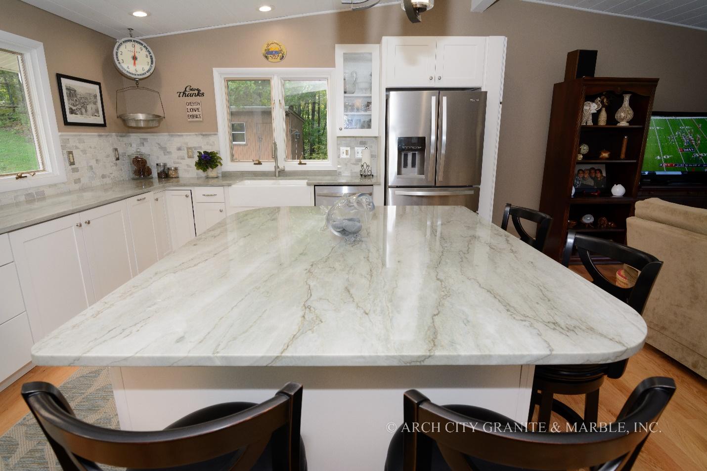 Kitchen Dark Brown Cabinets With White Granite Top Design