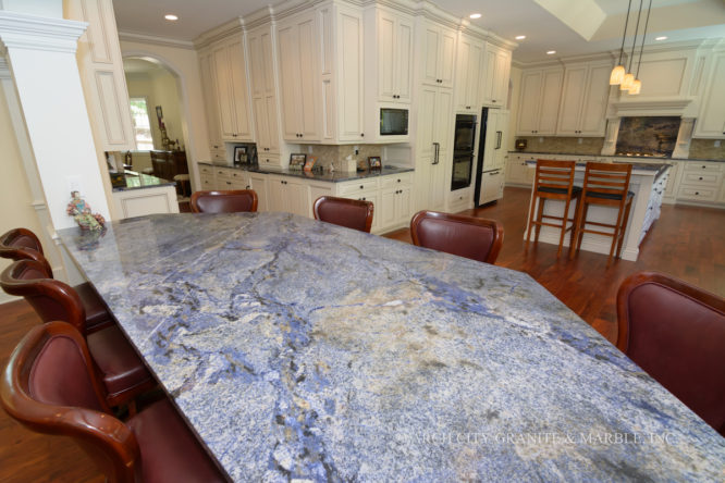 Stunningly beautiful and expensive Blue Bahia granite installation in a St. Louis home