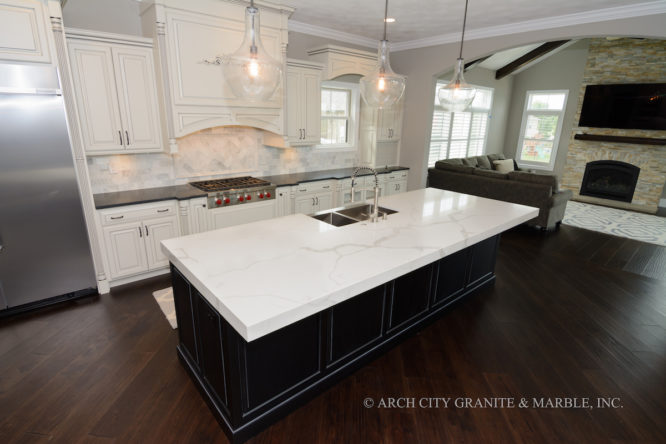 Combination of White Quartz for island and Black granite for perimeter cabinets in a two-toned kitchen in illinois home