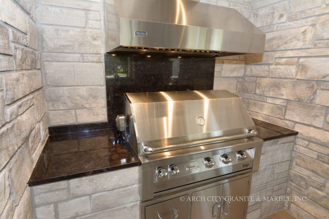 Antique Brown / Marron Cohiba granite with a full height backsplash for a Barbecue kitchen in st. louis area