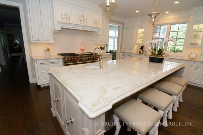 Taj Mahal Quartzite kitchen countertops with a large island in illinois home